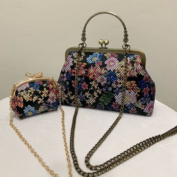 Handmade Genuine Embossed Leather Floral Print Top Handle bag & Small Purse Set - Picture 11 of 16